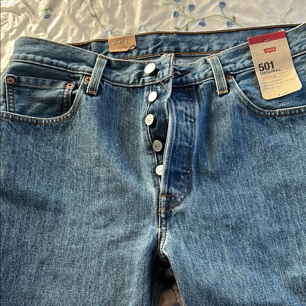 Levi's Classic Blue Straight 501 Jeans with Textured Denim. Button fly